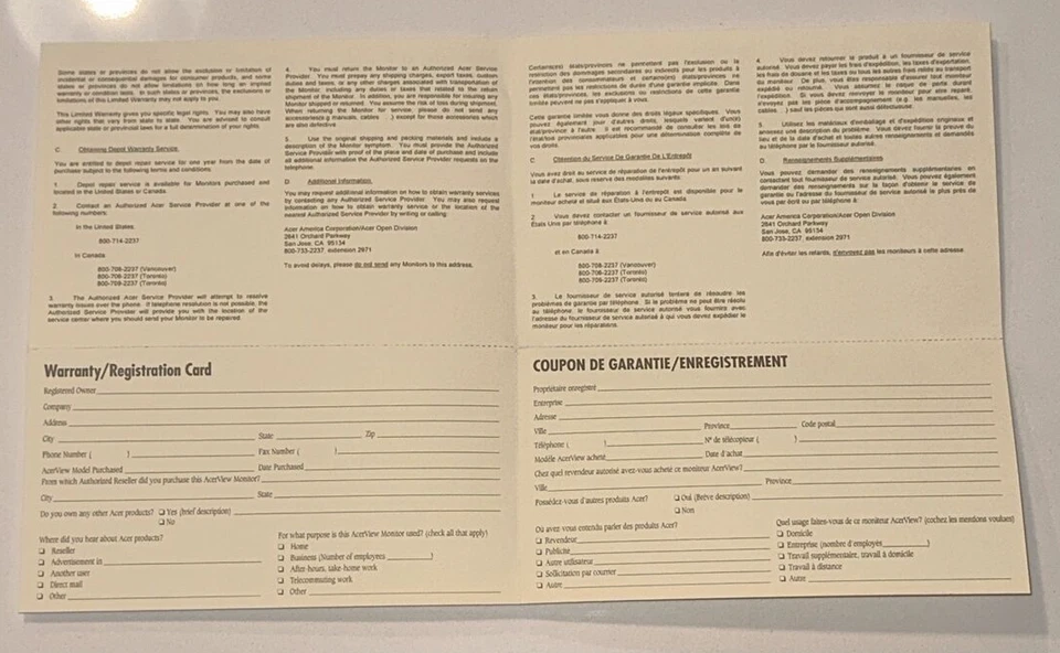 ACER ACERVIEW Computer Limited Warranty Registration Card Never Sent In San Jose - Image 4 of 4