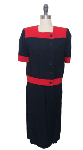 Vintage Dress SIZE SMALL Set top skirt ADELE SIMPSON 80S 90S Navy Red Linen