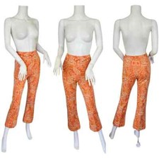 1970s Orange Yellow Tapestry Print Psychedelic Print Poly Stretch Pants I Sz Med