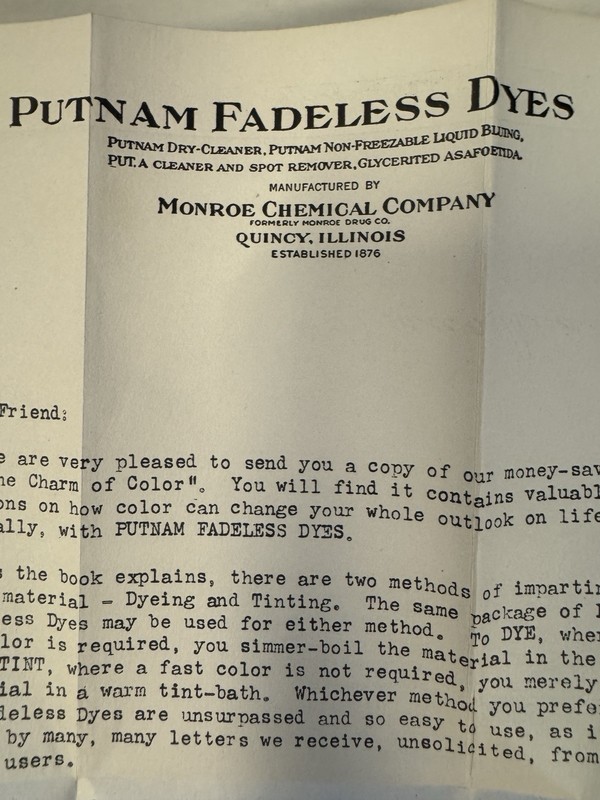Quincy Illinois Putnam Fadeless Dyes Monroe Chemical Co Letter
