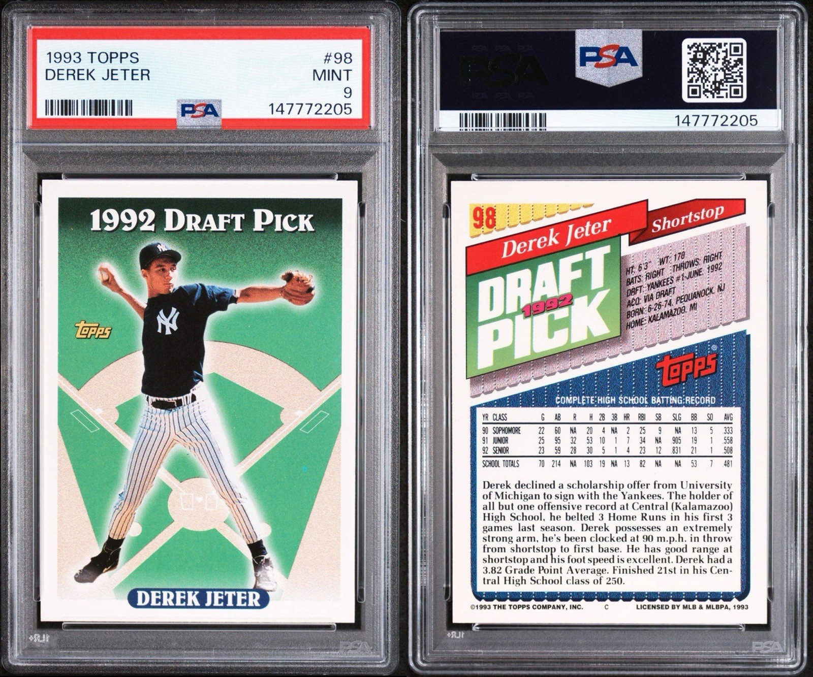 1993 TOPPS DEREK JETER ROOKIE RC PSA 9 DRAFT PICK 1992 YANKEES CAPTAIN #98 view 3