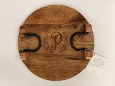 Thirty-One 14&rdquo; Round Rustic Wood Serving Tray with Handles & &ldquo;P&rdquo; Food Safe New