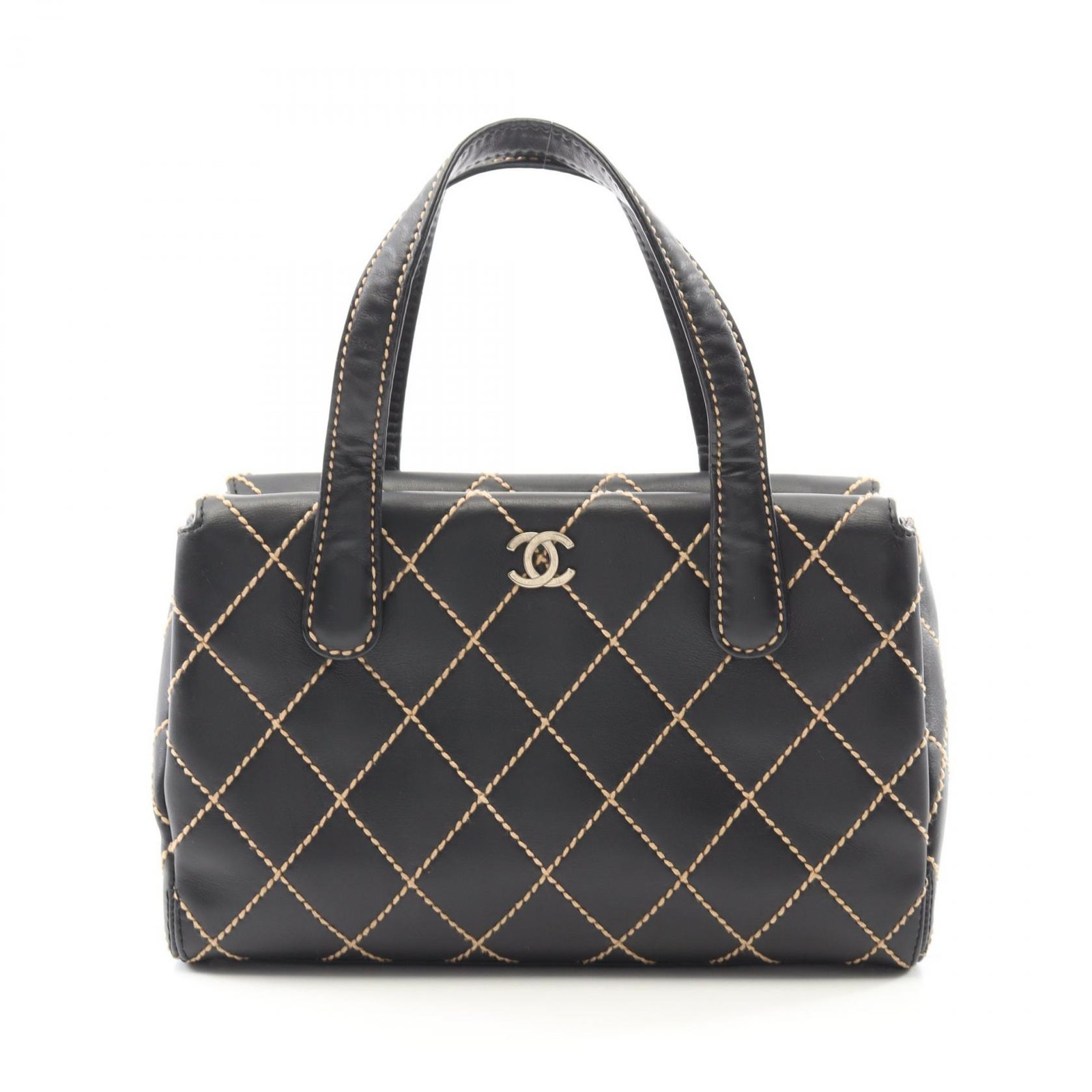 CHANEL Black Leather Wild Stitch Tote Handbag with GHW CC Logo Pre-Owned