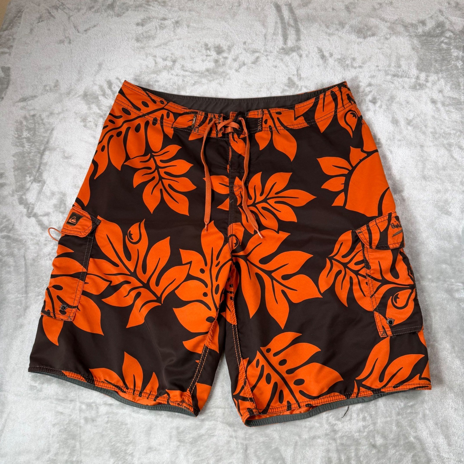 Quiksilver Board Shorts Mens Size 32 Orange Black Floral Swim Trunks Surf Y2K
