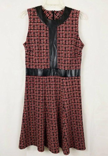 J. McLaughlin Manhattan Dress Sz Small Red Black Plaid Vegan Leather Trim A-Line - Picture 4 of 8
