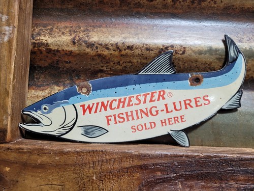 VINTAGE WINCHESTER PORCELAIN SIGN OLD FISHING LURES SALMON TROUT TACKLE BAIT