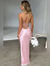 BABYBOO Makalita Maxi Dress XS Blush Pink Satin Slip Open Lace Back Formal Party
