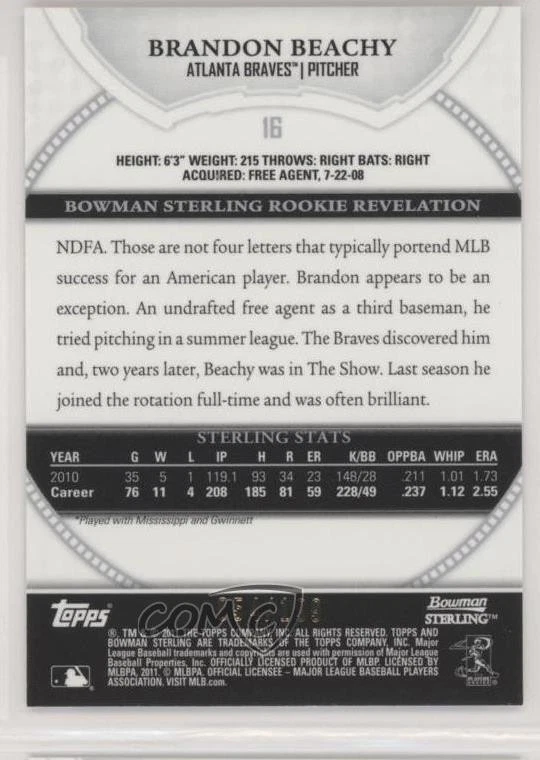 2011 Bowman Sterling Refractor /199 Brandon Beachy #16 Rookie RC - Image 2 of 2
