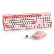 Pink Colorful Wireless Keyboard Mouse Combo Set, 2.4GHz Cute Round Keycaps