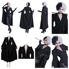 Cruella V-neck Collar Black Dress with Gloves Cosplay Costume Halloween fullset