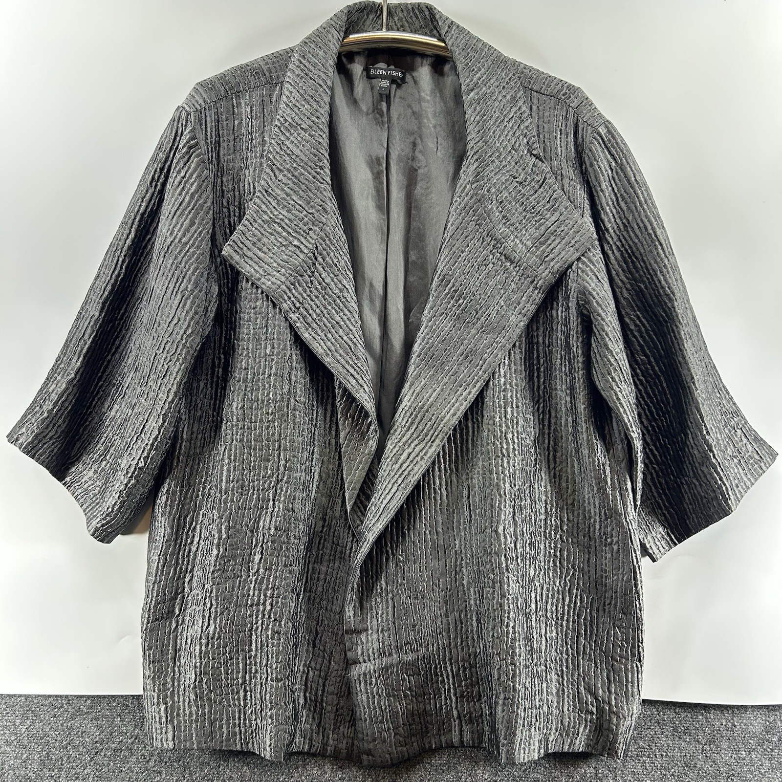 Eileen Fisher Open Blazer Jacket Lg Silk Blend Gray Black Crinkle Formal Evening