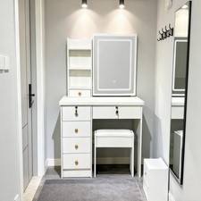 White Dressing Table w/ LED Mirror Modern Makeup Desk Vanity Table Set+Stool