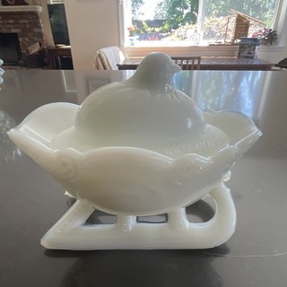 Vintage 1860? White Milk Glass Hen on Nest Covered Butter Dish w/ Lid & Stand
