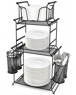 3-Tier Buffet Caddy, 7-Piece Set Stackable Plate and Utensil Holder for Party.
