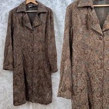 Flashback Long Coat Normcore Brown Whimsy Paisley Tapestry Print Long Sleeve Vtg