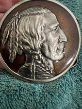 Vtg Native American Indian Chief Belt Buckle SILVERTONE Enamel