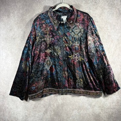 Graff Jacket Womens XL Multicolor Burnout Velvet Embroidered Beaded Zip Up Boho
