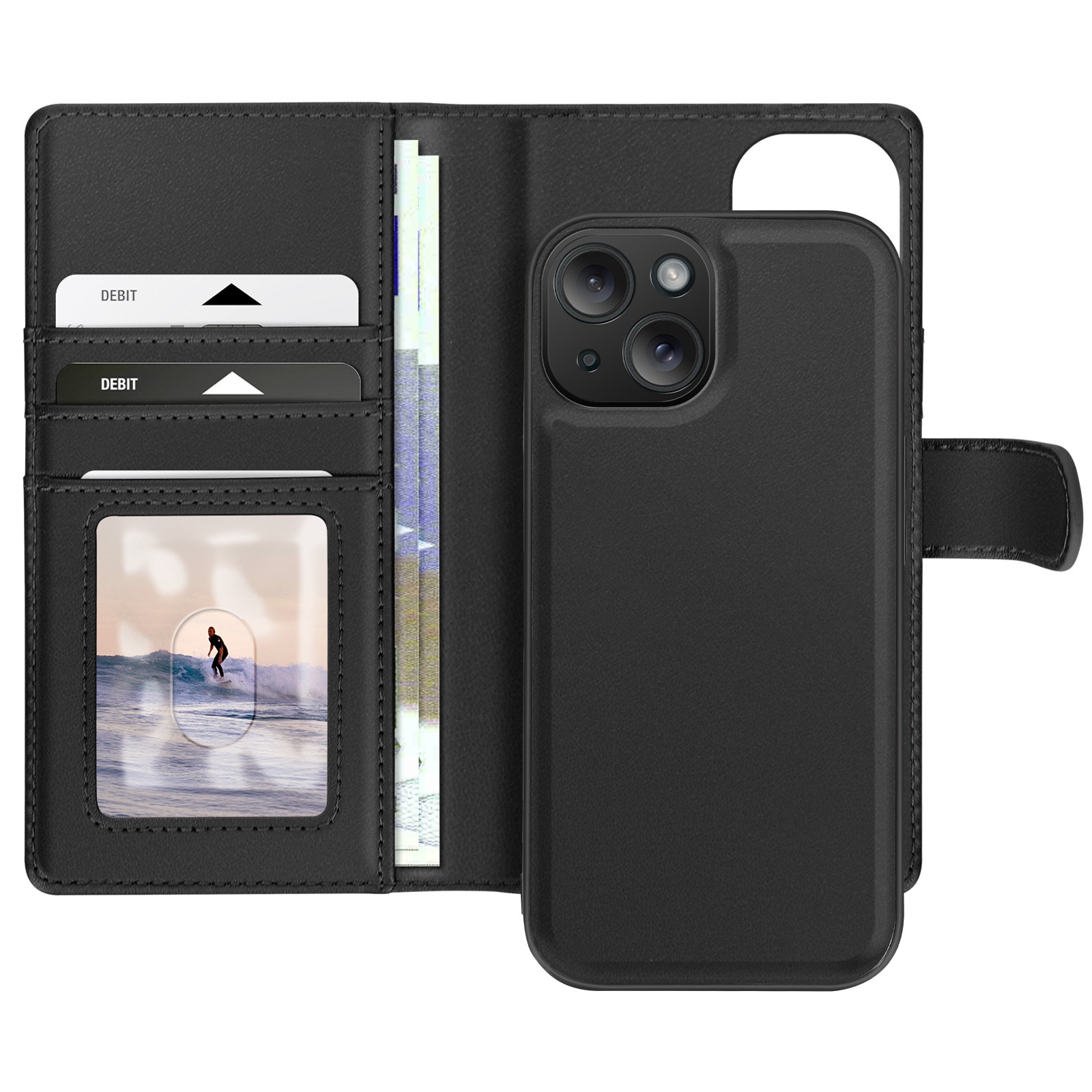 Mayaxess étui pour iPhone 15 noir coque détachable magnétique en similicuir