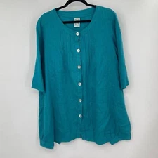 Match Point Linen Tunic Top Turquoise Buttons Lagenlook 3/4 Sleeve V Neck USA 