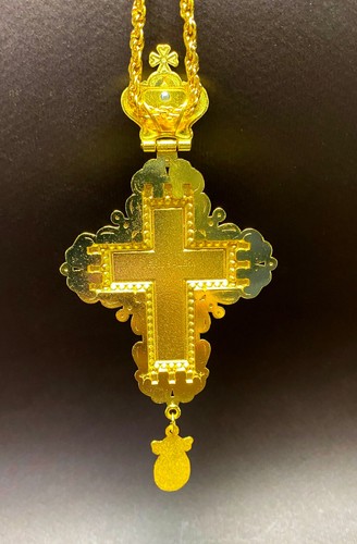 Greek Russian Orthodox Priest Pectoral Cross Pendant Gold Plated Green Stones - Picture 17 of 21