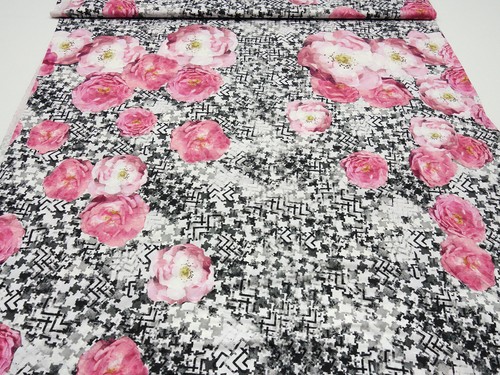 Stoff Viskose Jersey Blumen Rosen abstrakt rosa grau schwarz weiß Kleiderstoff - Bild 2 von 4