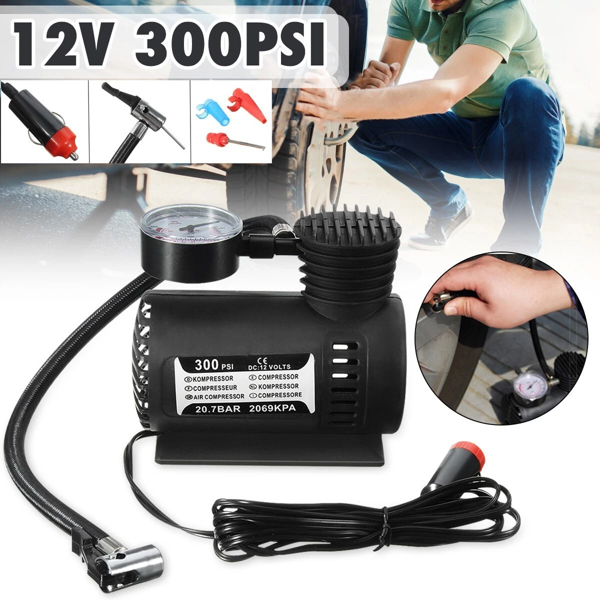 Acheter Compresseur d'air portable - Pompe à air de voiture, Voiture Auto  300psi 12v Mini compresseur d'air voiture électrique 12v pompe 300psi Mini  compresseur d'air gonfleur pour vélo