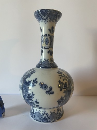 DELFT Fluted Vase Floral Sailing Boats Hand Painted Vintage Retro Dutch Holland - Picture 3 of 10