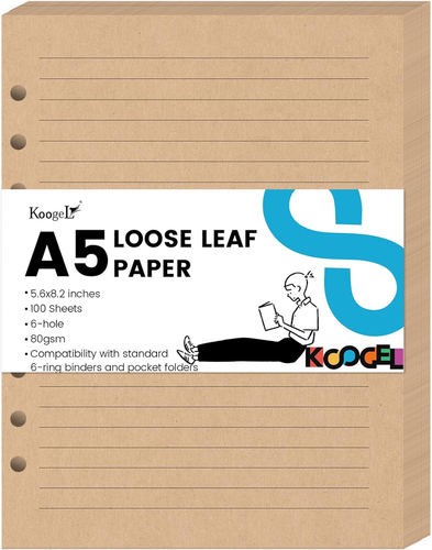 Koogel 100 Hojas Papel Hoja Suelta, Almohadillas de Recarga de Papel de Relleno Forradas en Marrón 6 Agujeros - Imagen 9 de 12