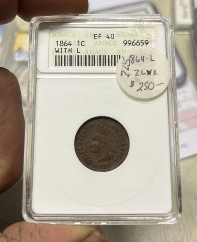 1864 w/ L Indian Head Penny Cent Coin, ANACS EF40, Free Shipping, (D)