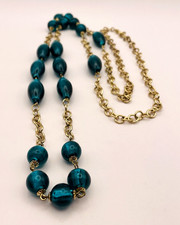 Teal Green Foil Glass Bead Gold Tone Chain Long Necklace