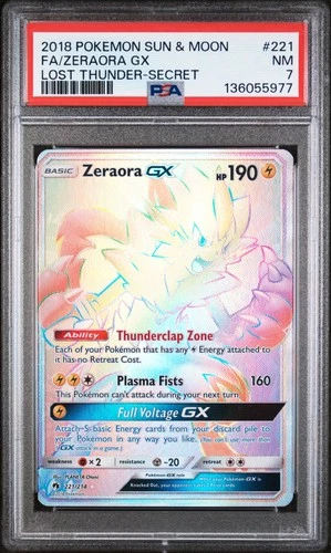 2018 POKEMON SUN & MOON LOST THUNDER SECRET #221 FULL ART/ZERAORA GX PSA 7