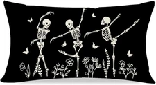 Dancing Skeleton Halloween Throw Pillow Cover 12X20 Flower Butterfly Black Hallo