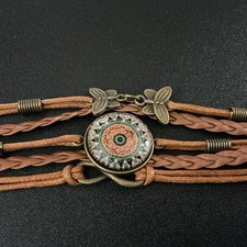 Bracelet Cognac Faux Leather Multi Strand Boho Hippie Chic Earthy Mandala 7-9  L
