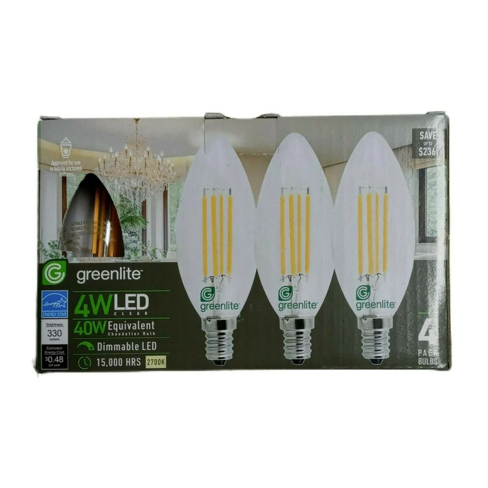 GreenLite LED 4PK Chandelier Bulbs 4W LED Equal to 40W 15,000 Hours 2700K - Image 3 of 4