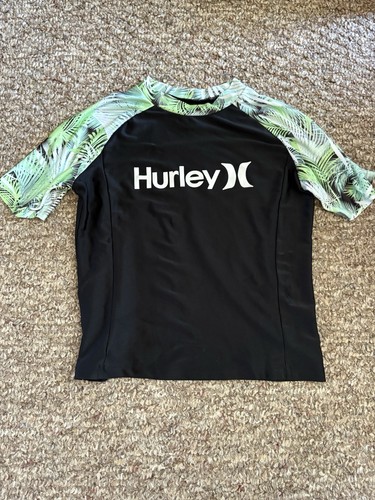 Hurley Boys Rash Guard Swim Shirt 14/16 Black Tropical Floral Short Sleeve