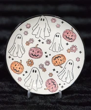4 Potter's Studio Pink Peach Pumpkin Appetizer Plates 6" Ceramic Halloween Ghost