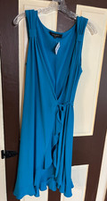 Nine West Co Sleeveless Wrap Dress Low Neck Alluring Honolulu Blue Sz 14 Ruffles