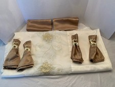 Holiday 58"x102" tablecloth ivory w/gold poinsettia design- 6 Napkins- 4 Rings