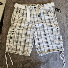 Nick Danger Men Cargo Shorts 32 Belted Flat Front 8-Pocket White Black Plad. Nick Danger Men Cargo Shorts 32 Belted Flat Front 8-Pocket White Black Plad.