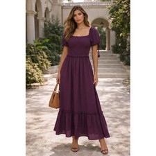 Max Studio Maxi Dress Womens L Purple Boho Cottage Puff Sleeve Tiered Smocked