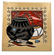Vintage Southwest Pottery Bowl Tile Trivet Hand Painted L. Kuhne 6” Earthtones
