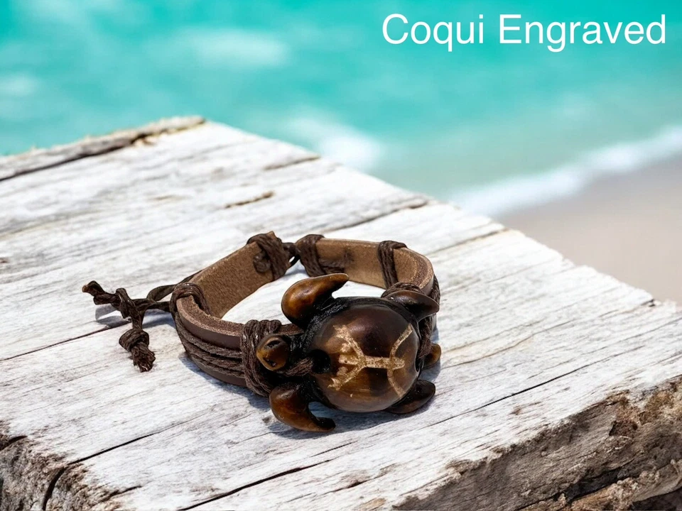 Pulsera Tortuga Coqui Taína Hecha a Mano - Cuero Marrón, Ajustable 6-9 Pulgadas Foto 3 de 4