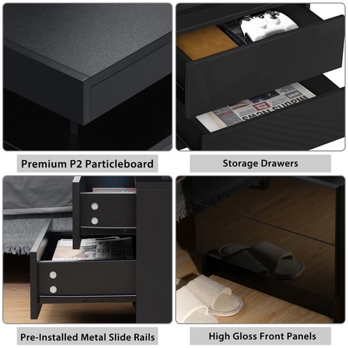 LED RGB Nightstand Bed Side Table Night Stand 2 High Gloss Drawers Bedroom Desk - Picture 7 of 11