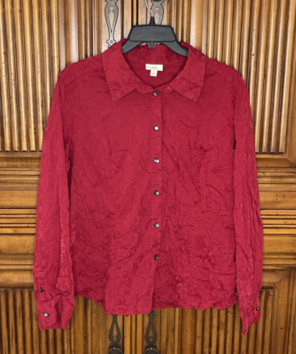 J Jill Womens Shirt Large Red Flower Damask Romantic Roses Semi Sheer Light