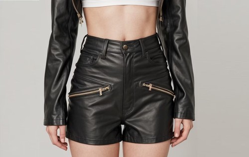Short En Cuir D'Agneau Pour Femme - Lacets Rouges, Style Motard - Neuf Avec Étiquettes, Toutes Tailles