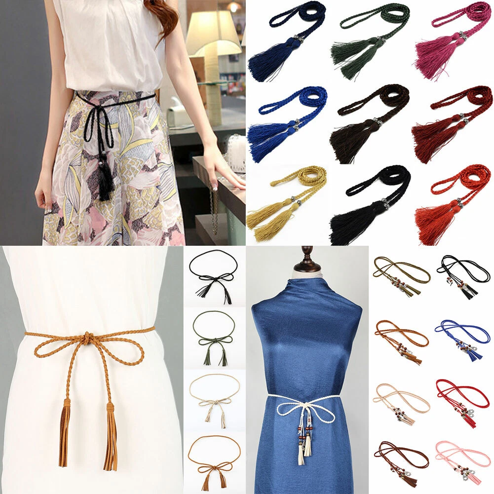 Women Fashion Belts Tassel Braided Belt Self-Tie Thin Waist Rope Belt