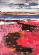 Shore Painting Original Art Modern Pink Acrylic Wall Art Lake Landscape 20x28"