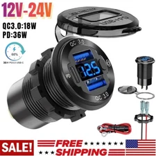 12-24V Dual USB Quick Charge 3.0 Port & PD USB C Car Charger Socket w/ Voltmeter