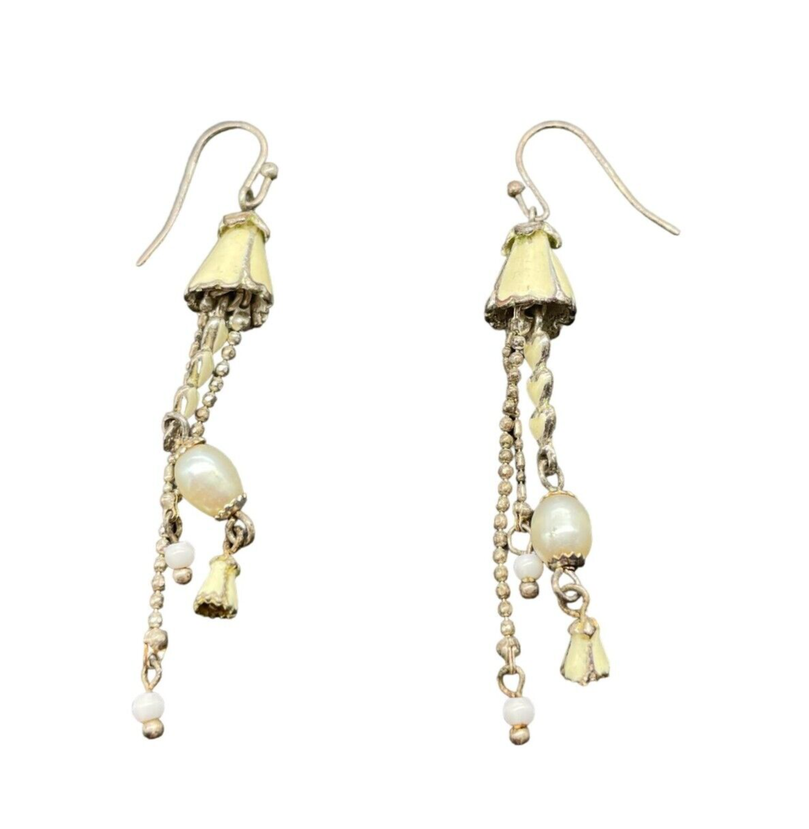 Real Pearl Enamel Dangle Drop Earrings Hook Clasp Silver Tone Boho