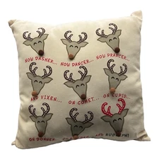Christmas Decorative Throw Pillow Linen Reindeer with Pom Pom Noses 15" x 15”